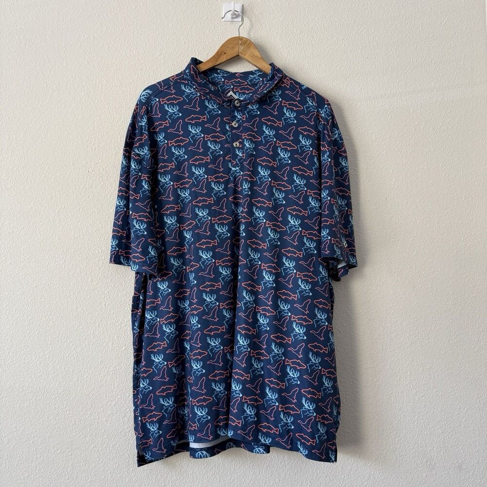 BURLEBO Polo Shirt Mens 2XL Navy Neon Fish & Deer Print Short Sleeve Stretch